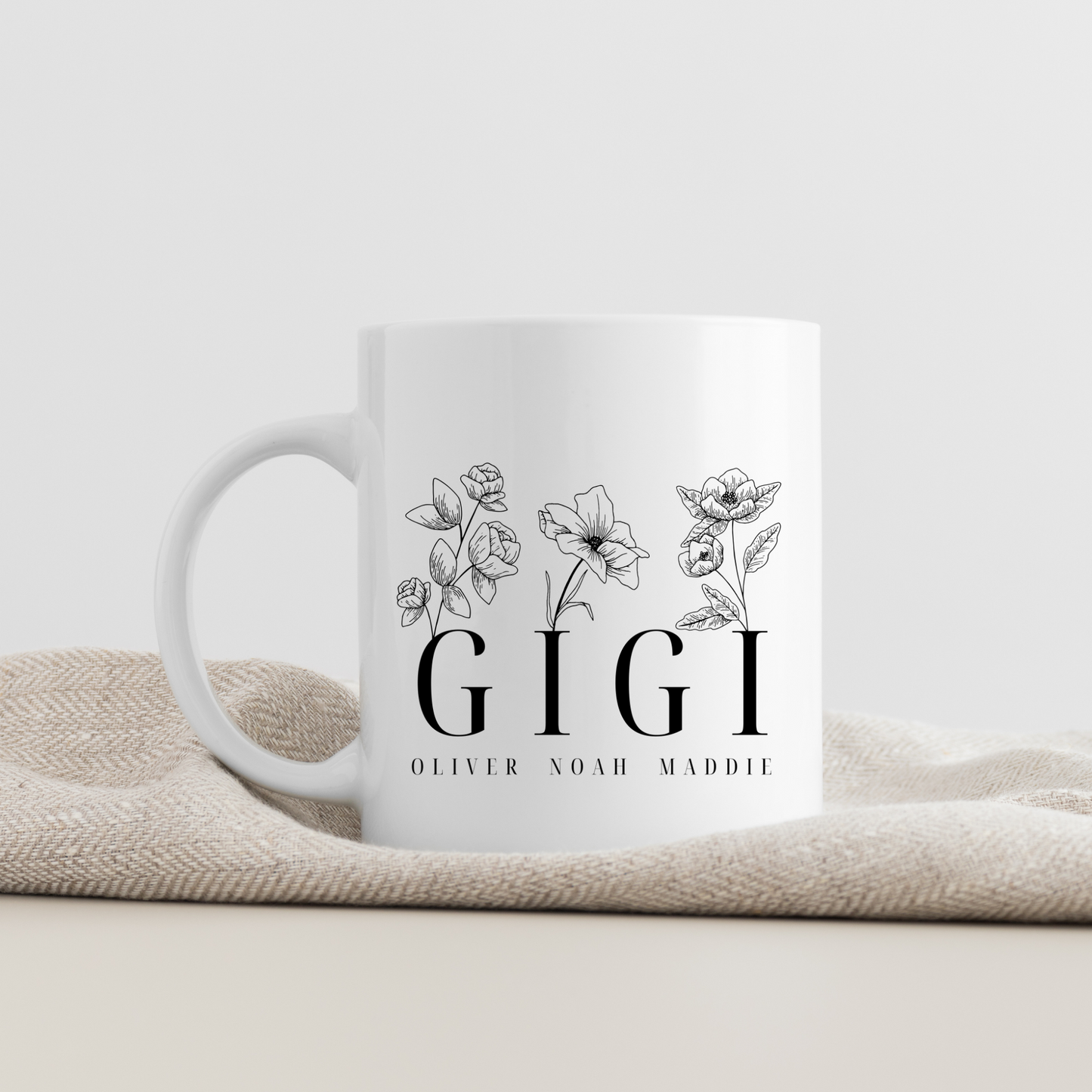 Personalized Flower Grandma Coffee Mug with Grandchildren Names | 11 oz White Ceramic Mug