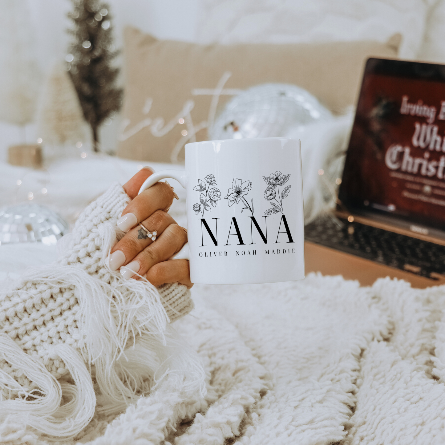 Personalized Flower Grandma Coffee Mug with Grandchildren Names | 11 oz White Ceramic Mug