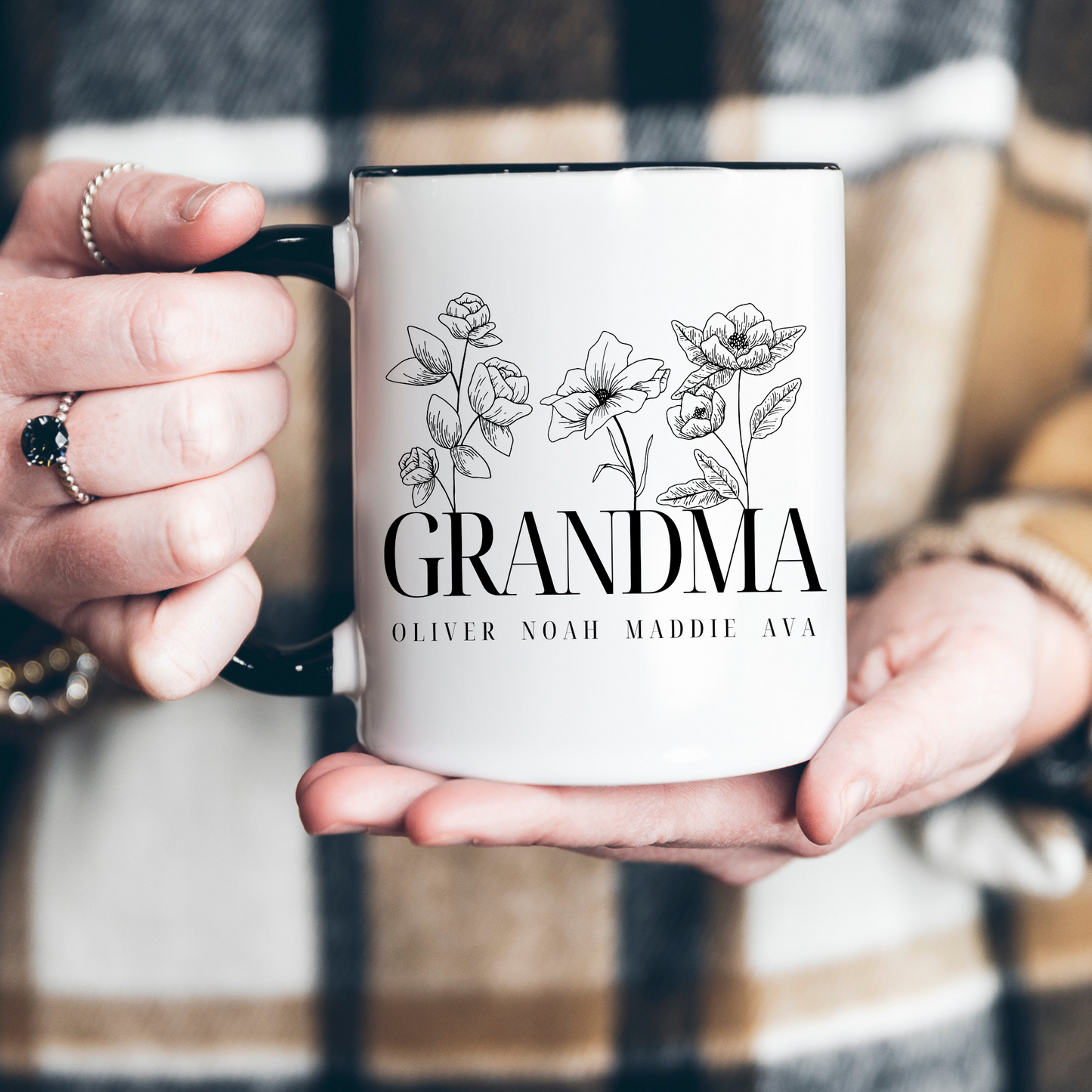 Personalized Flower Grandma Coffee Mug with Grandchildren Names | 11 oz White Ceramic Mug