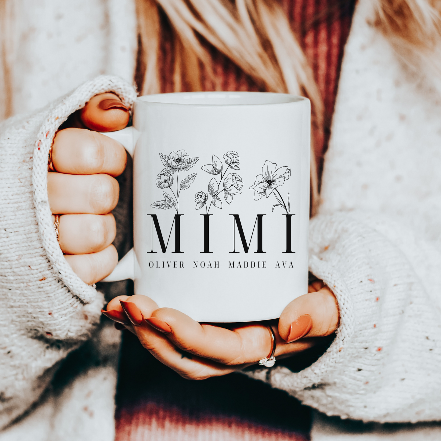 Personalized Flower Grandma Coffee Mug with Grandchildren Names | 11 oz White Ceramic Mug