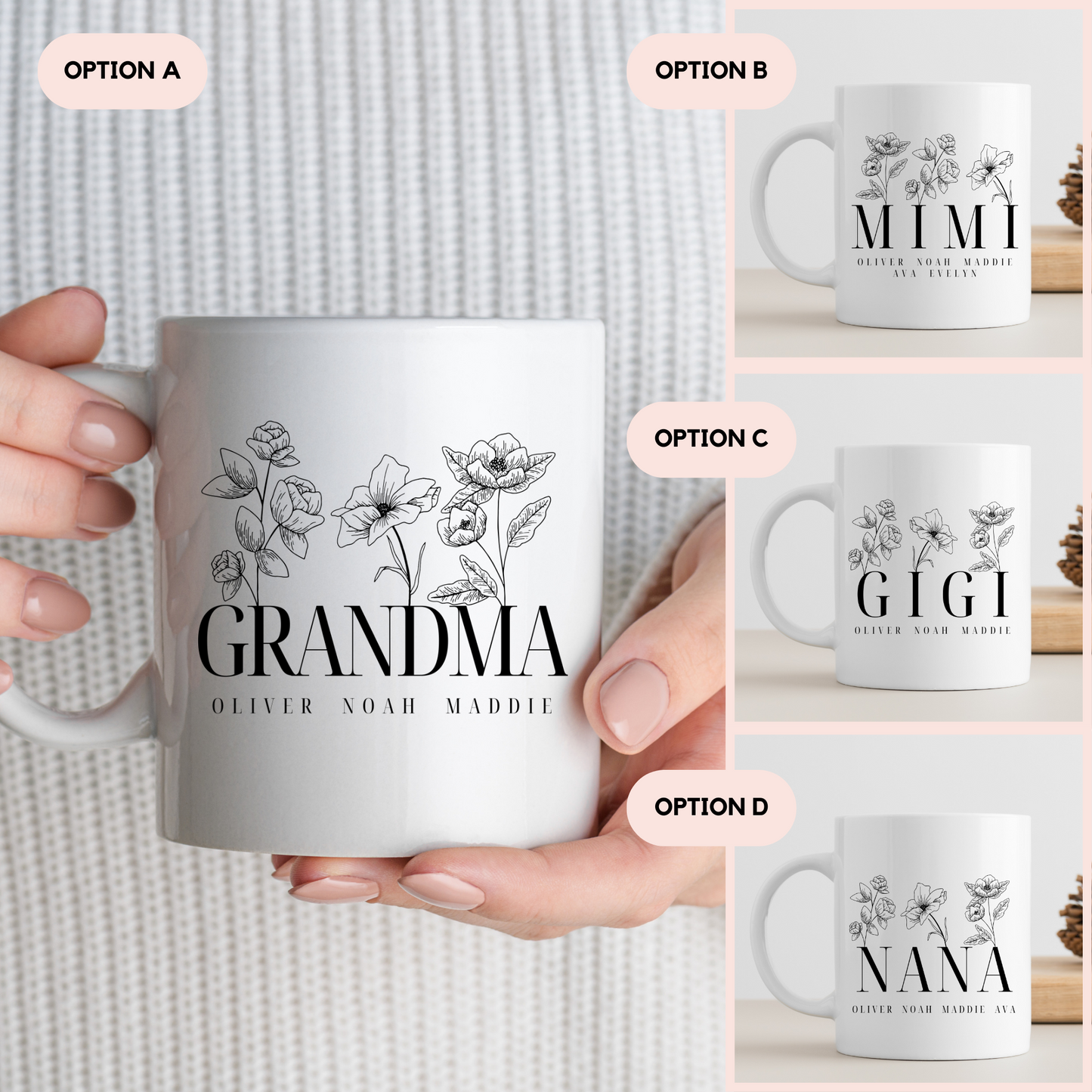 Personalized Flower Grandma Coffee Mug with Grandchildren Names | 11 oz White Ceramic Mug