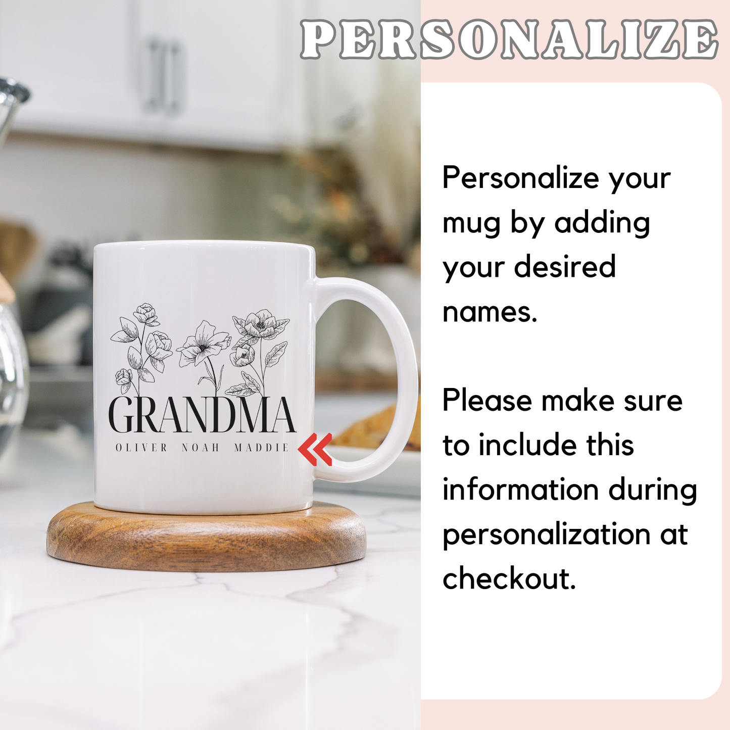 Personalized Flower Grandma Coffee Mug with Grandchildren Names | 11 oz White Ceramic Mug