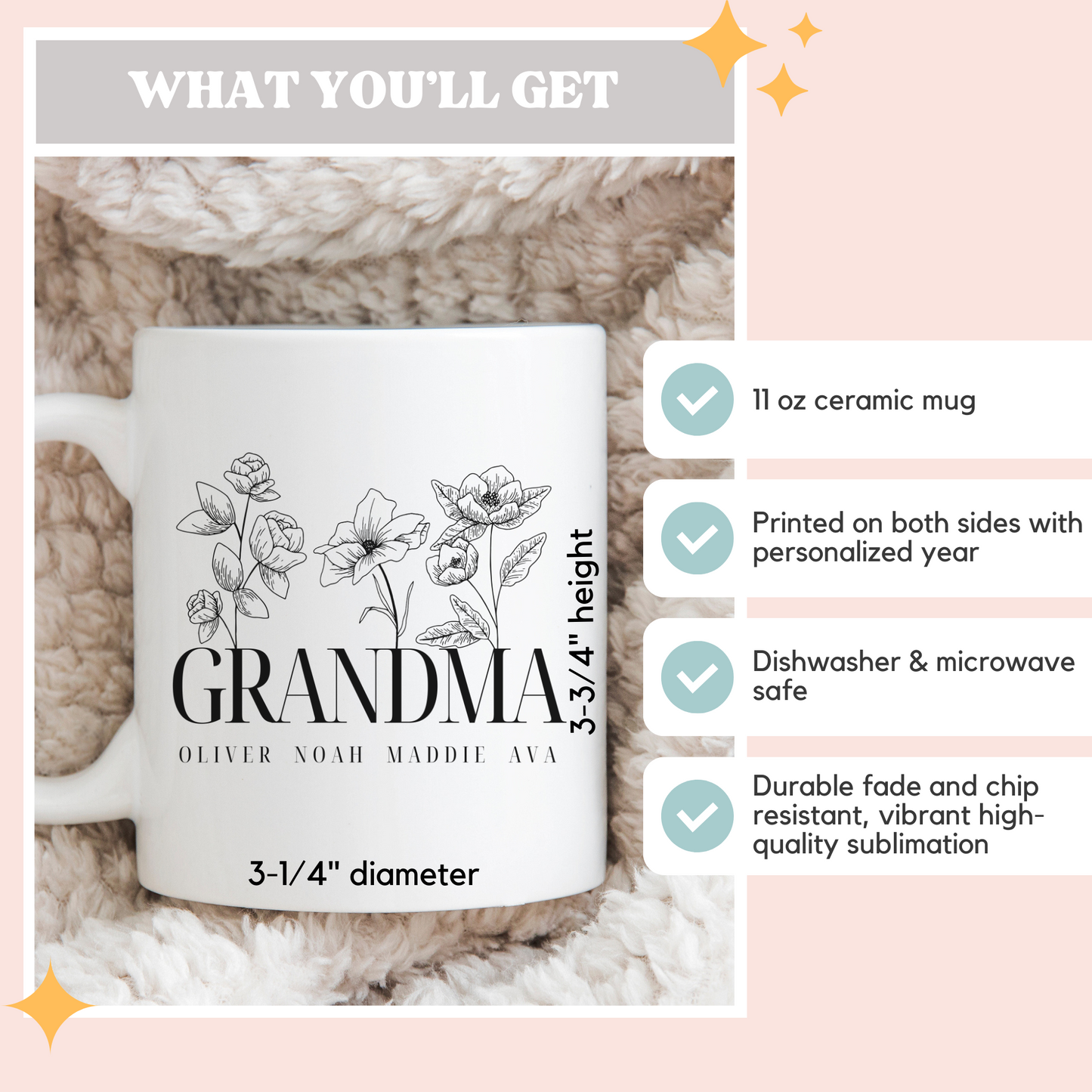 Personalized Flower Grandma Coffee Mug with Grandchildren Names | 11 oz White Ceramic Mug