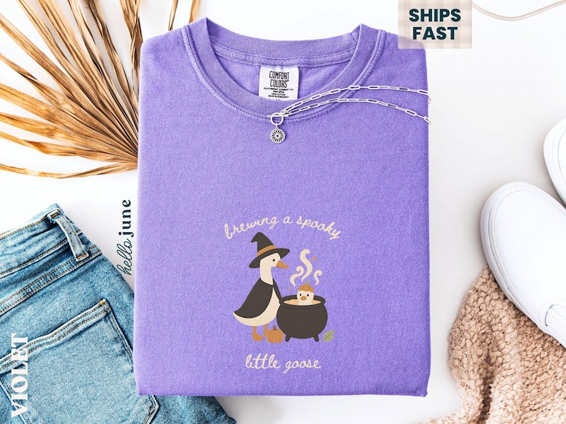 Brewing a Spooky Little Goose Tee - Violet colorway