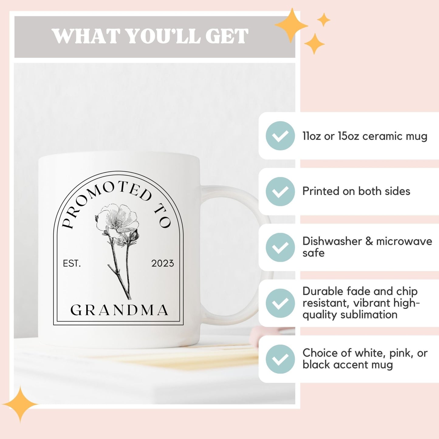 Vintage Floral Coffee Mug, Promoted to Grandma Mug, Pregnancy Announcement, Baby Announcement, Mom to Grandma, Custom New Grandmother Giftg